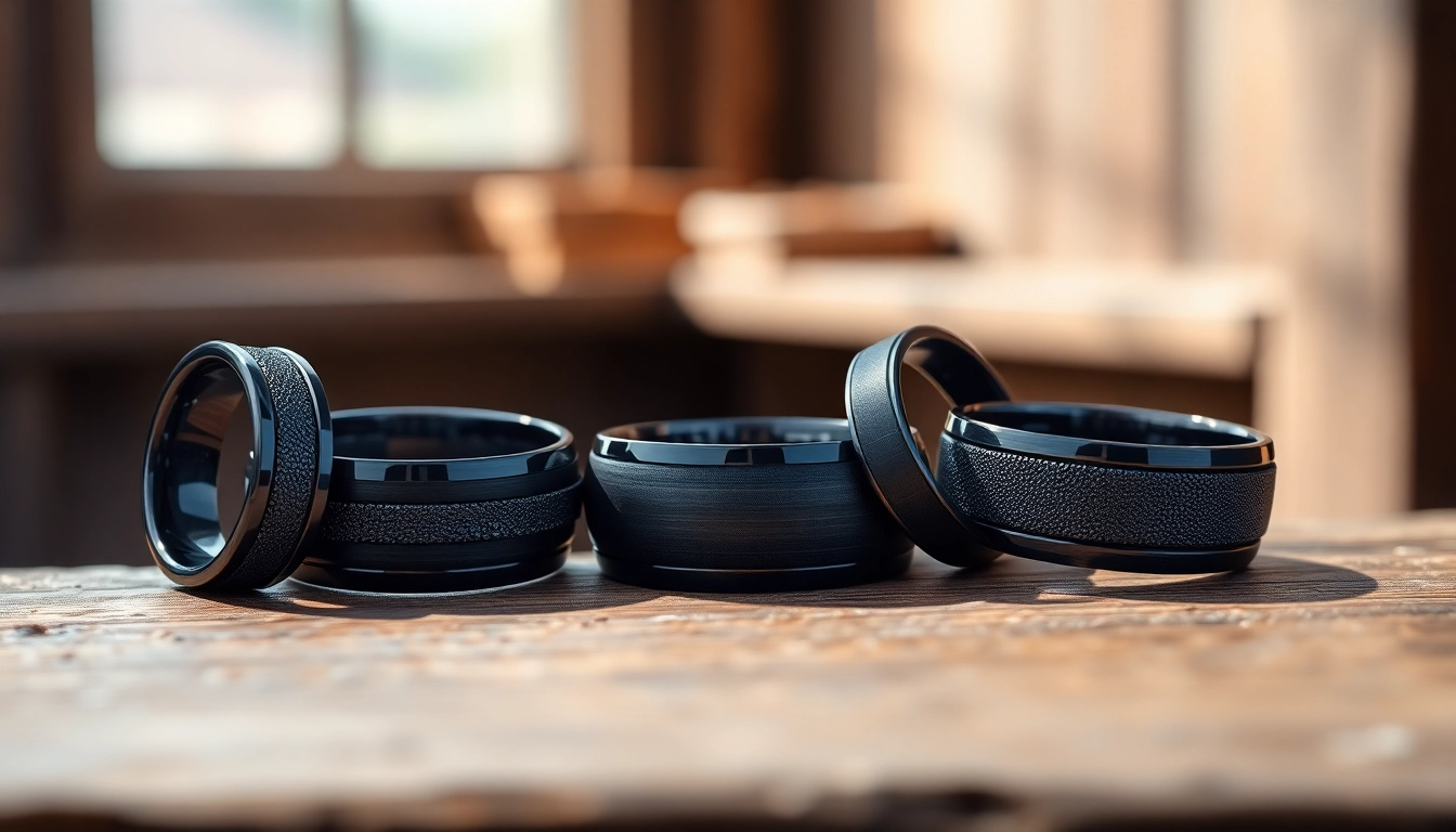 Showcase of intricately designed Black Zirconium Rings highlighting their unique finish and craftsmanship.
