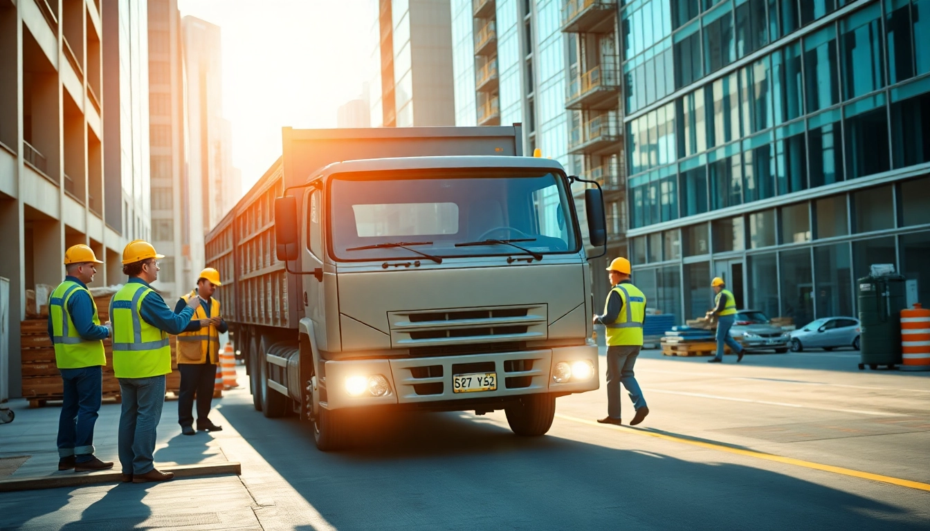 Hauling truck transporting materials in an urban setting amidst construction activity.