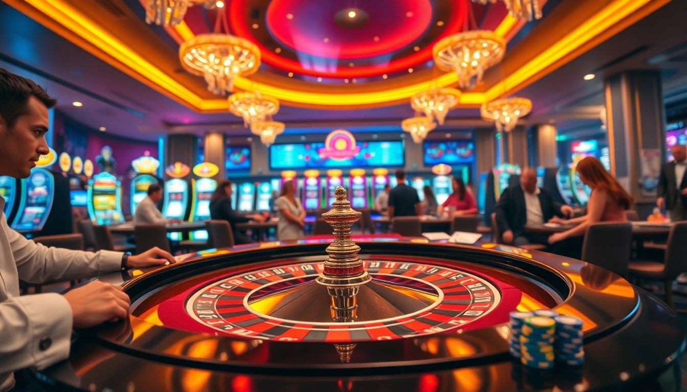 Mainkan sabobet di meja roulette elegan dengan lampu cerah dan pemain bersemangat.