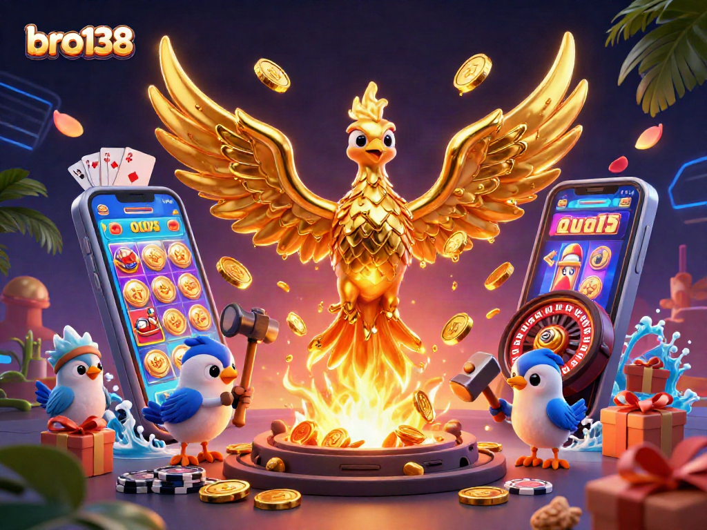 Engage with bro138's captivating gaming scene featuring golden phoenix and vibrant slot action.
