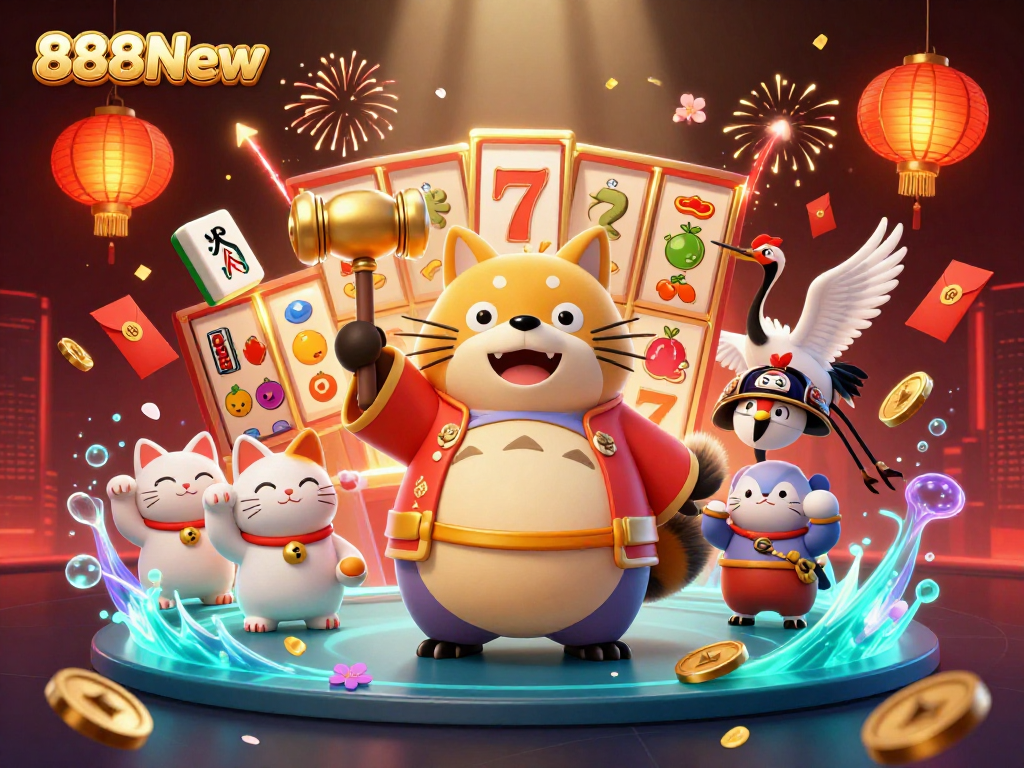 Engage with thrilling games at 888New, featuring a cheerful raccoon and lucky symbols amidst dynamic slot action.