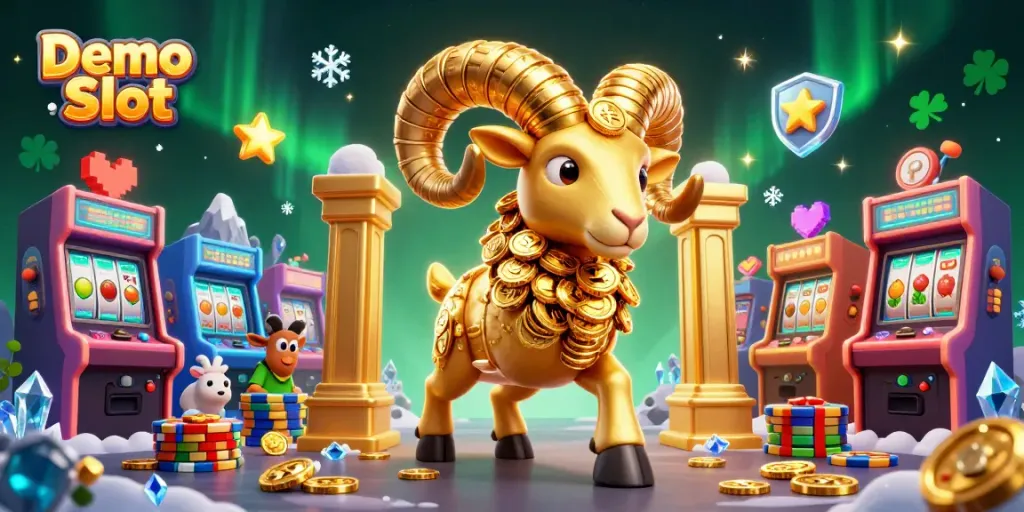 Engage with the vibrant Demo Slot scene featuring a golden ram charging through a colorful arcade of casino elements.