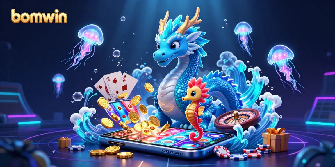 Engage with bomwin's vibrant casino world, featuring a water dragon and seahorse knight in action.
