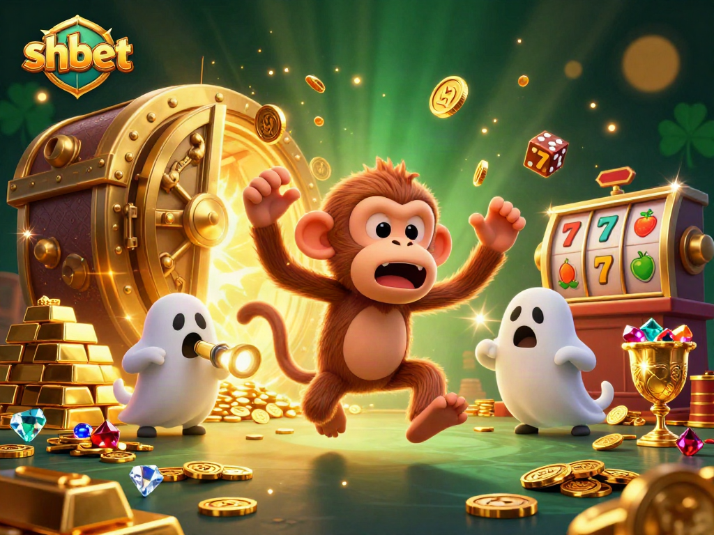 Engage with shbet's vibrant slots scene featuring a mischievous poltergeist monkey and a curious ghost-hunter puppy.