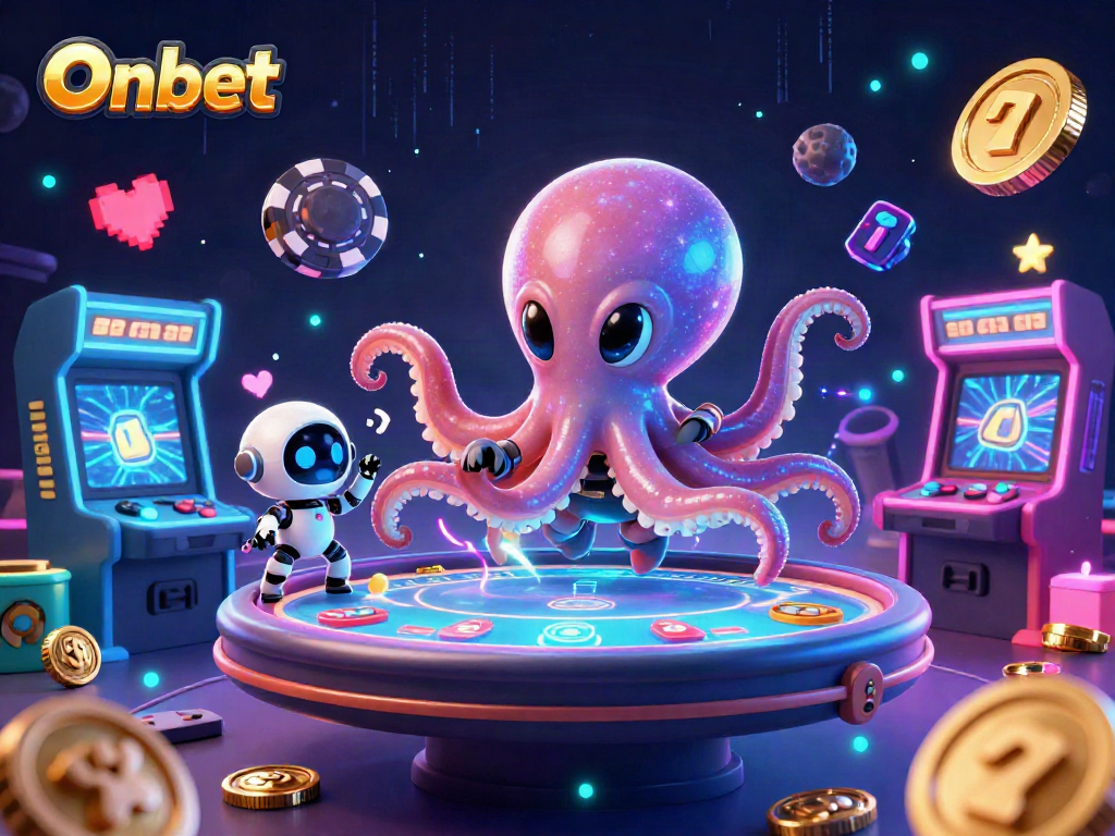 Onbet gaming scene with a vibrant alien octopus at an interactive poker table.