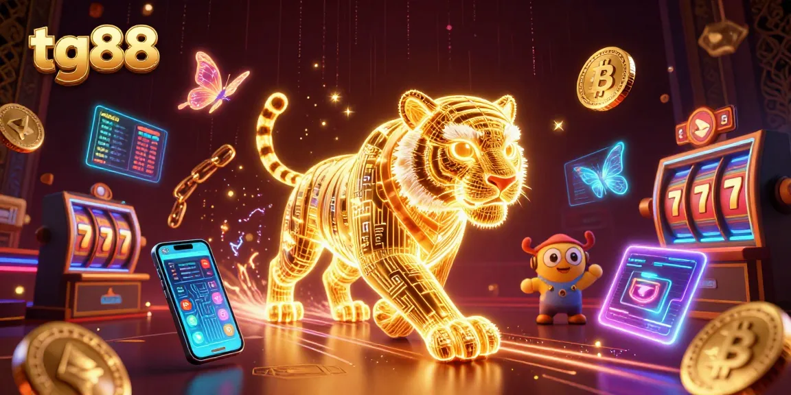 Experience immersive gaming with tg88 as a 3D golden tiger navigates a vibrant digital casino.