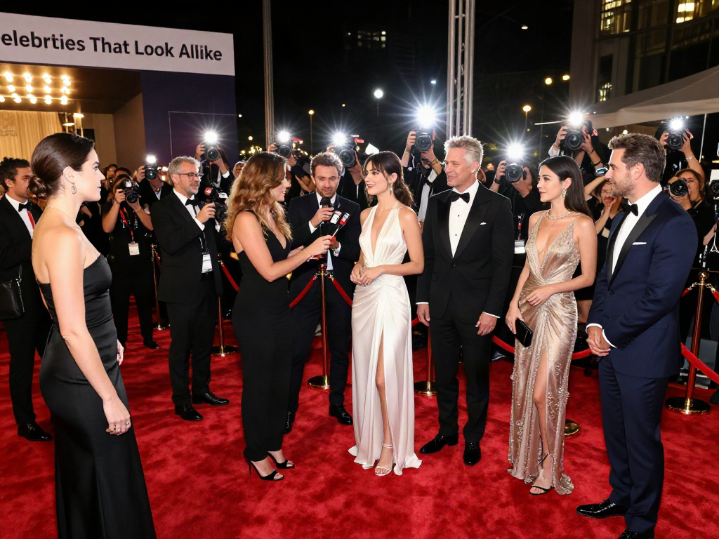Celebrities that look alike mingle at a glamorous red carpet event, showcasing high fashion trends and excitement.
