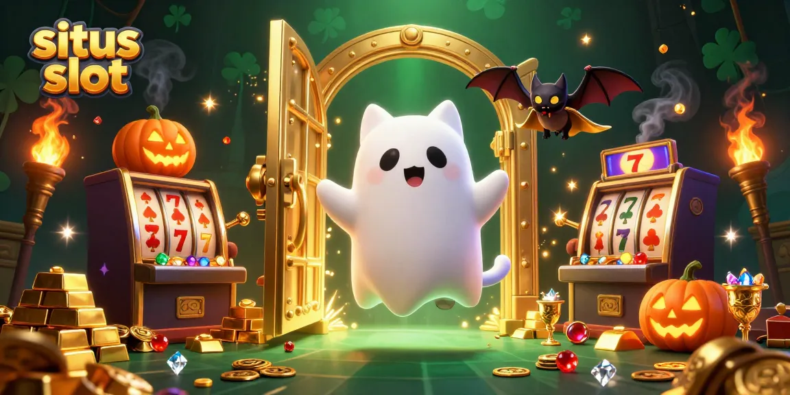 Experience situs slot excitement with a ghost cat and bat in a haunted casino scene.