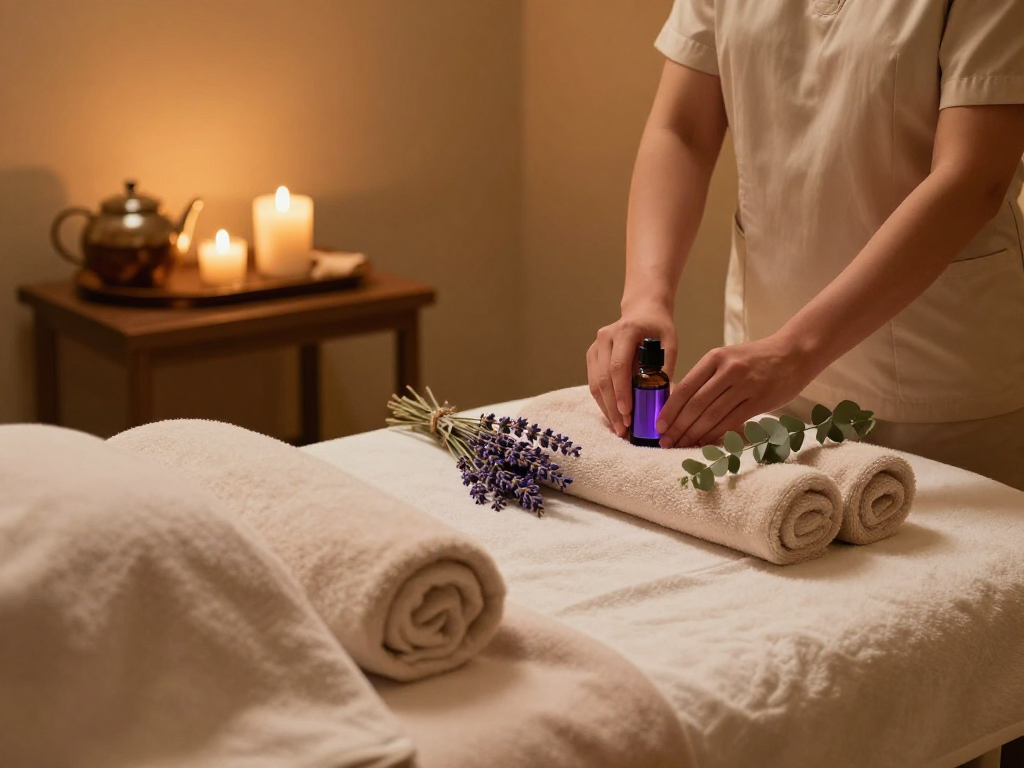 Relaxing spa room with therapist preparing aromatherapy oils for mantra 88 session