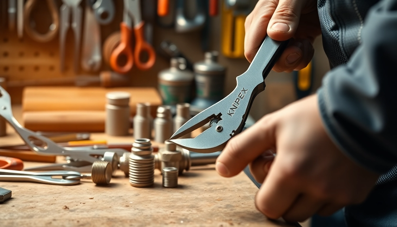 Artisan using pinze knipex Cobra to adjust metal fittings in a workshop.