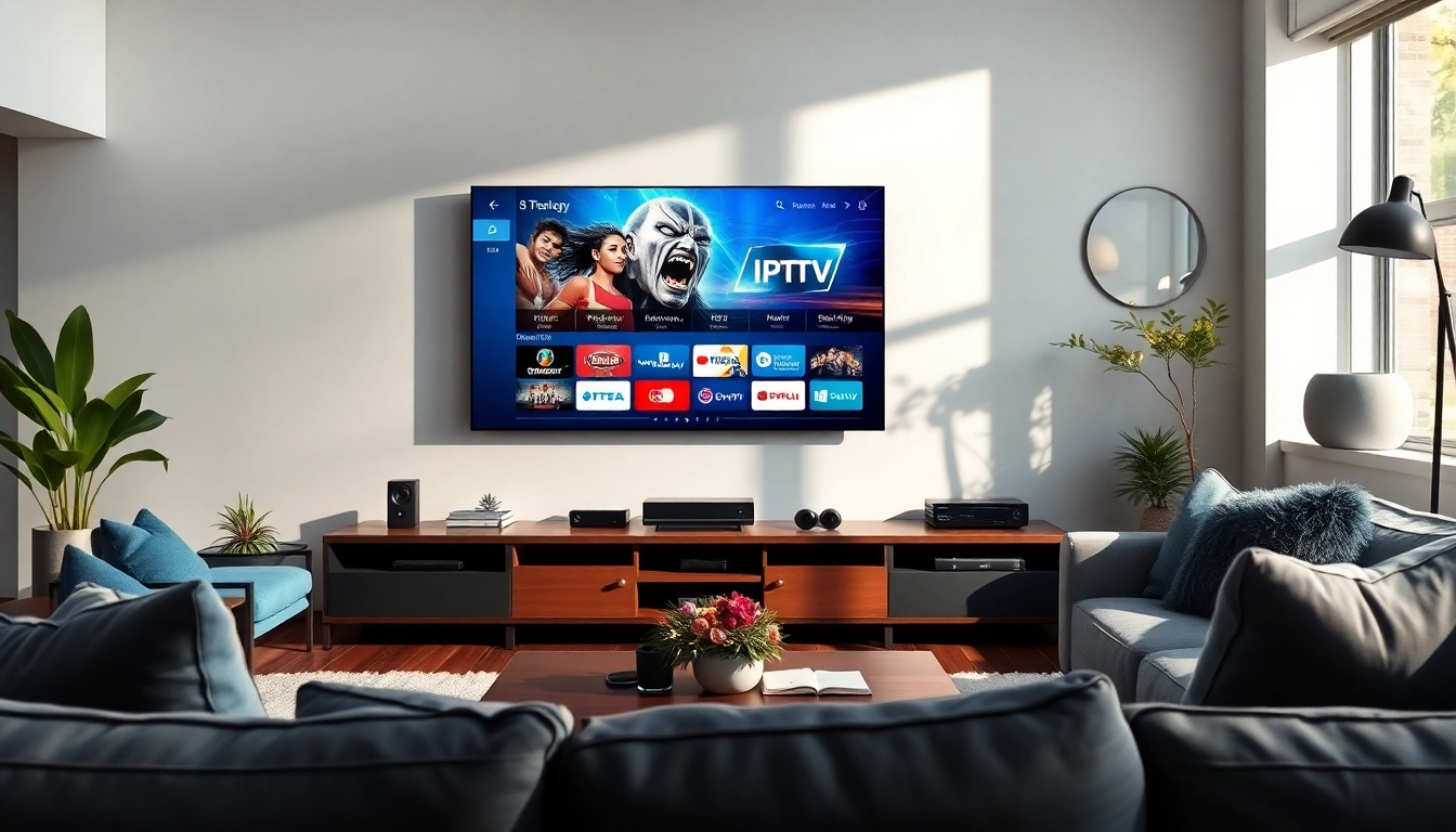 Engaging scene of a modern living room with a large TV offering a free iptv trial for streaming.