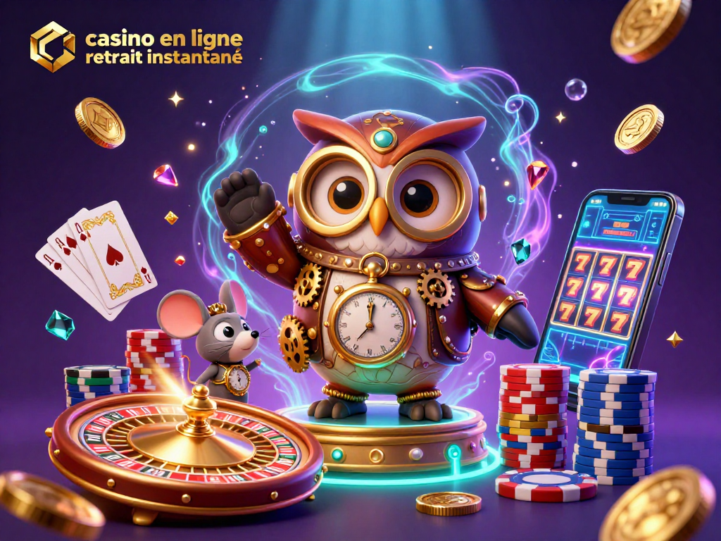Vivez l'excitation des jeux avec le casino en ligne retrait instantané illustré par un hibou steampunk et des éléments de casino dynamiques.