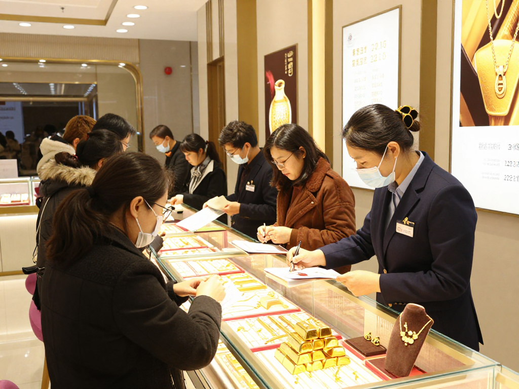 Mantra 88 jewelry sales scene featuring 24K gold items and professional assistance in a warm, inviting store.