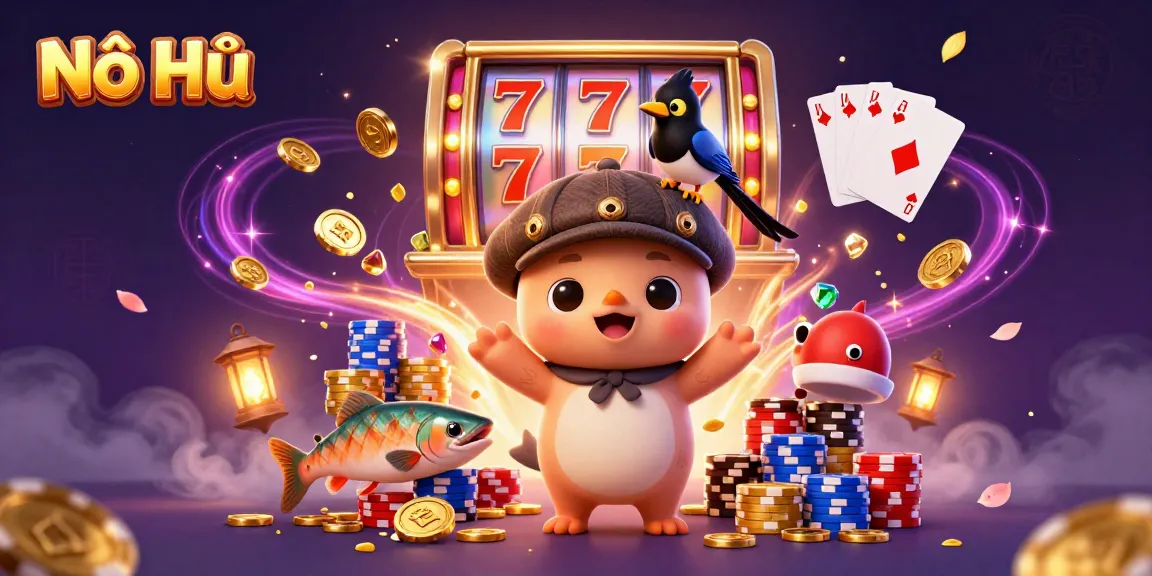 Nổ Hũ slot machine action with playful Nessie and gem-filled scene