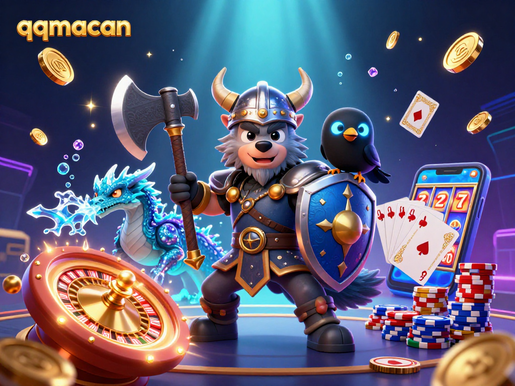 Experience thrilling wins at qqmacan with cartoon warriors amidst cascading coins and a vibrant casino backdrop.