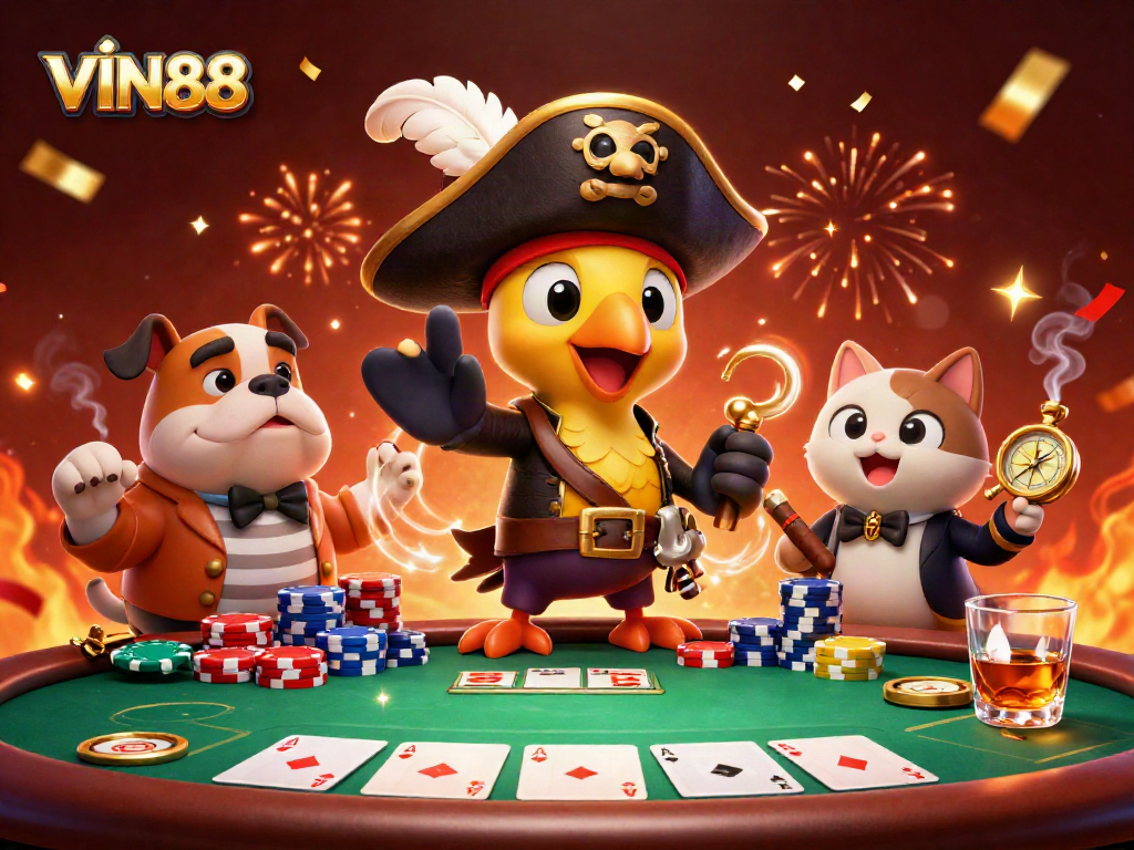 Join the excitement at VIN88 as animated characters gather around a poker table, celebrating a winning hand.