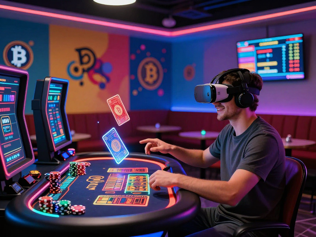 Exciting crypto casino with player using VR headset in a vibrant gaming lounge.