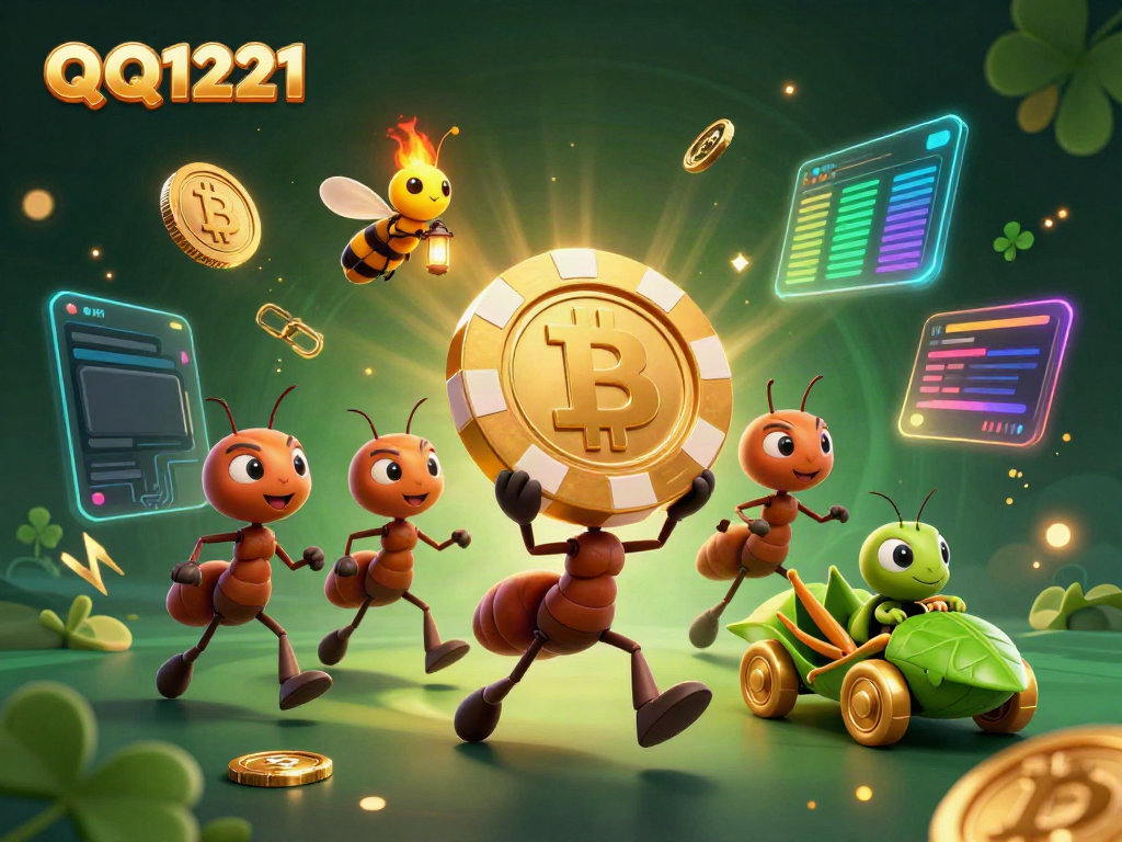 Experience the excitement of QQ1221 with ants stealing a giant poker chip in a vibrant casino scene.