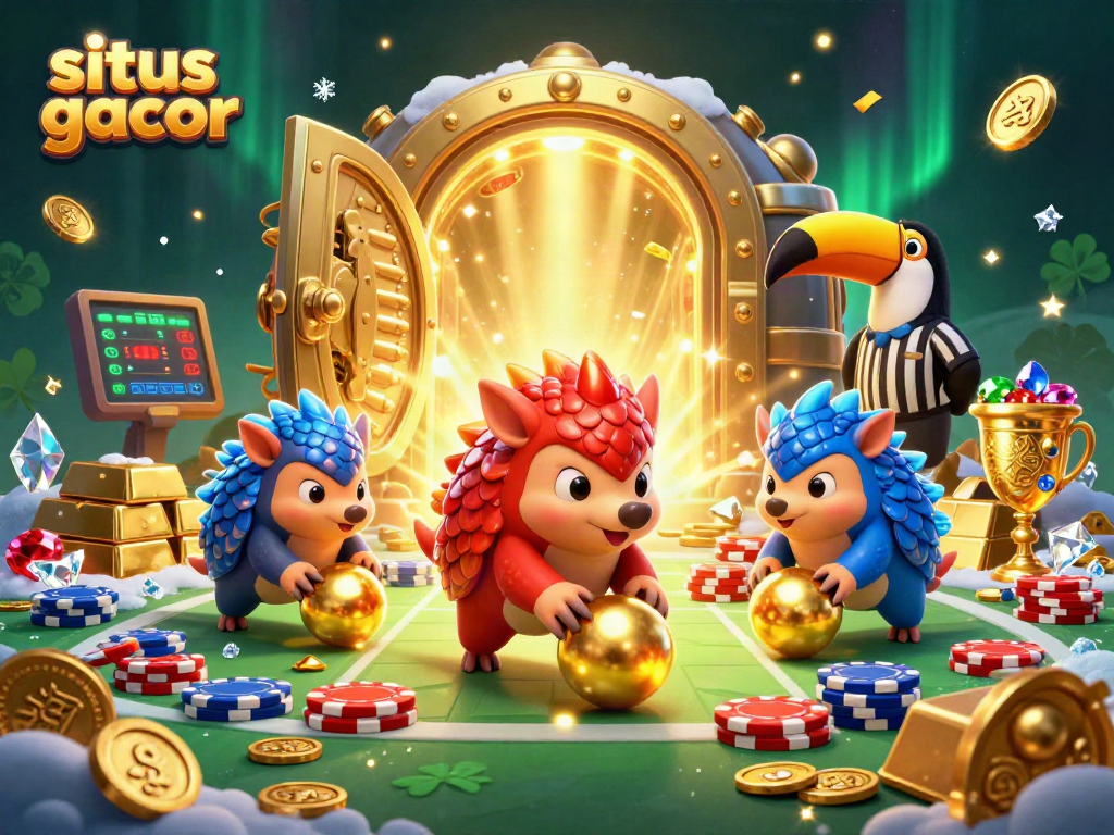 Engage in situs gacor gameplay with lively pangolins amid gleaming gold and casino elements.
