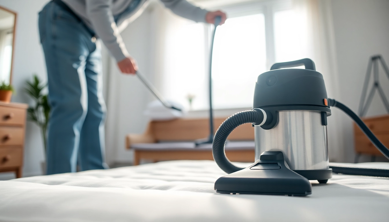 Technician applying effective bed bug treatment in a clean, well-lit bedroom, ensuring safety.