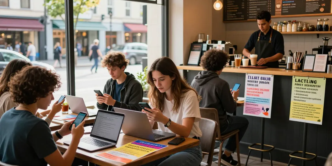 People engaging with bedpersonal for local classifieds in a vibrant café setting.