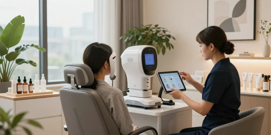 ClinicEvo better than QOVES: Facial analysis in a modern skincare studio revealing personalized skincare insights.