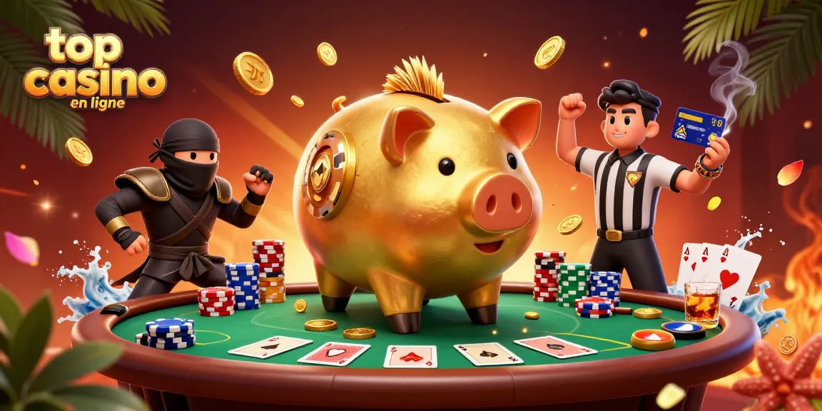 Illustration animée montrant le meilleur casino en ligne avec un sumo d'épargne doré, un ninja et un samouraï, tous autour d'une table de poker.