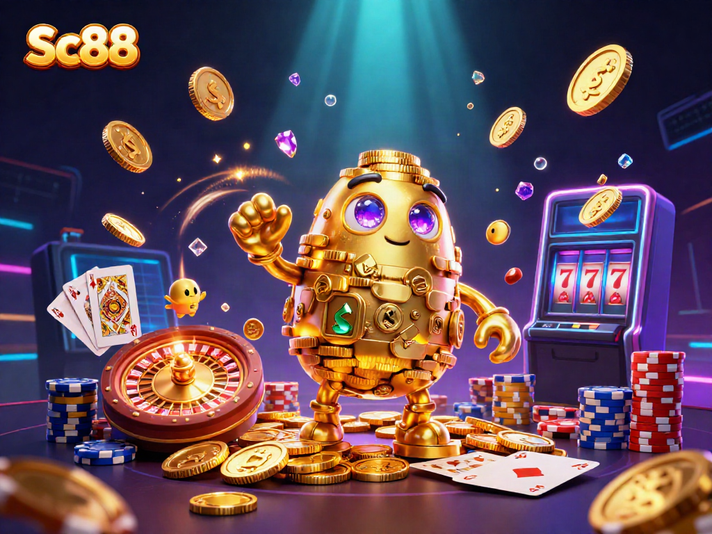 Sc88 showcases a golden golem surrounded by coins and a spinning roulette wheel in an energetic casino scene.