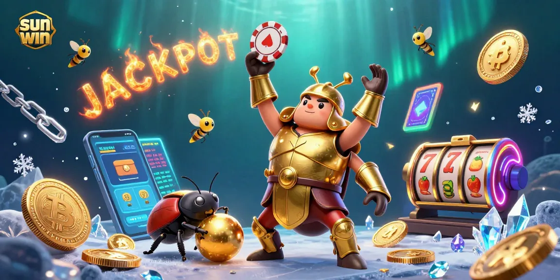 Elevate your gaming with sun win, showcasing a heroic beetle winning a poker chip amidst vibrant casino elements.