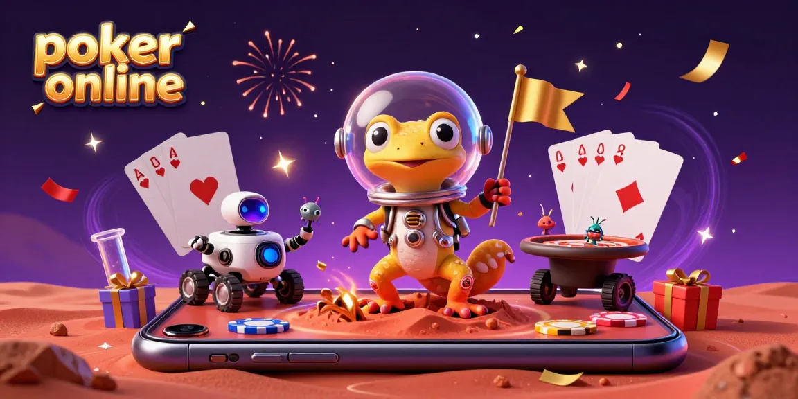 Experience poker online excitement with a cartoon Martian gecko discovering a golden casino.