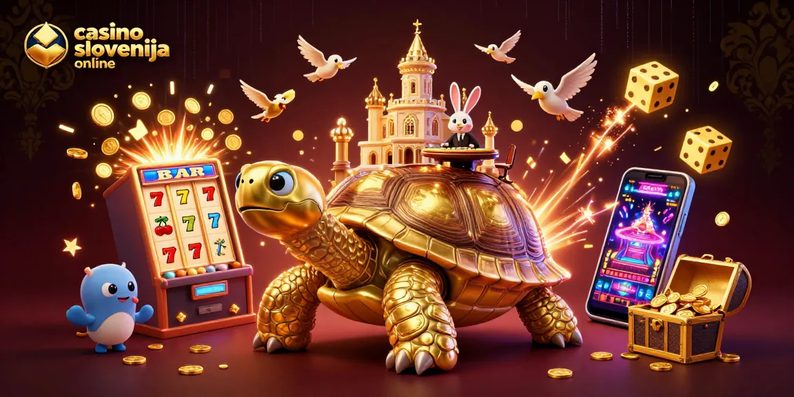 Priljubljene igre v casino slovenija online z barvito ilustracijo z zlatimi kovanci in igralnimi avtomati.