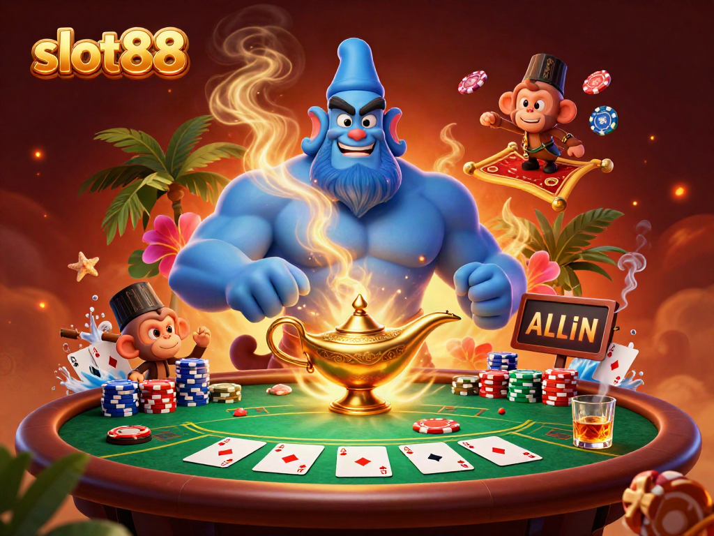 Win big with slot88 as a genie and monkey enhance the gaming experience with vibrant casino elements.
