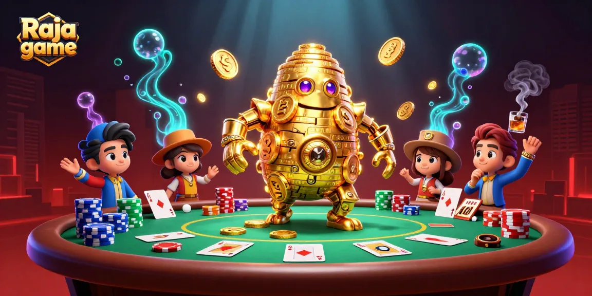 Engage with Raja game in a dynamic casino scene featuring a golden golem and poker elements.