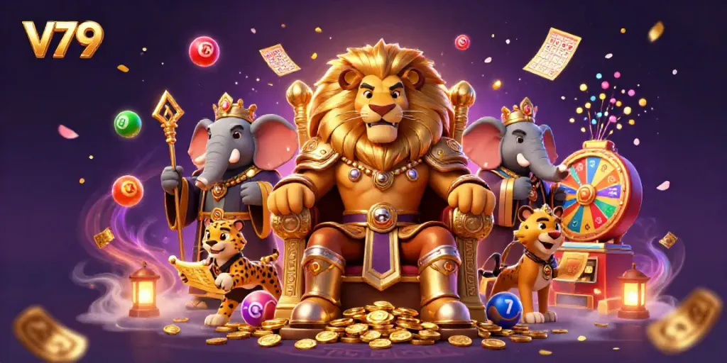 Experience thrilling wins at V79 with a vibrant 3D scene showcasing exciting casino elements and character interactions.