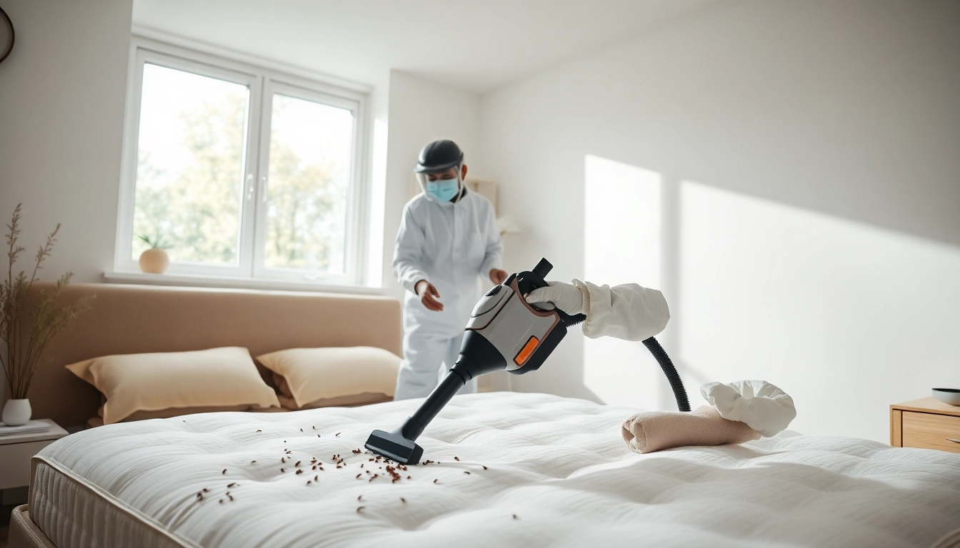 Technician conducting bed bug removal in a clean, modern bedroom environment.