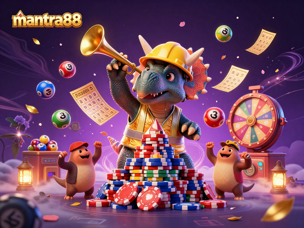 Join the excitement with mantra88's thrilling gaming experience, featuring vibrant characters and dynamic casino elements.