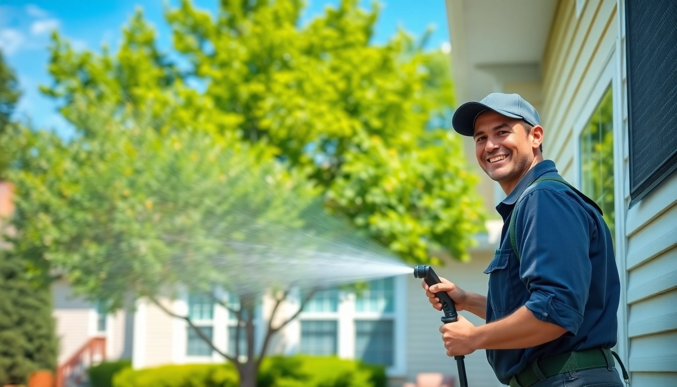 House Washing professional cleaning exterior facade of a suburban home.