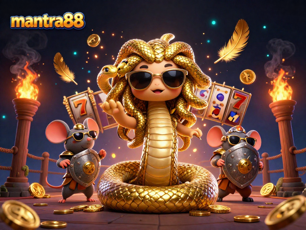 Experience thrilling gameplay at mantra88 with an exciting dynamic casino scene featuring characters and slot reels.