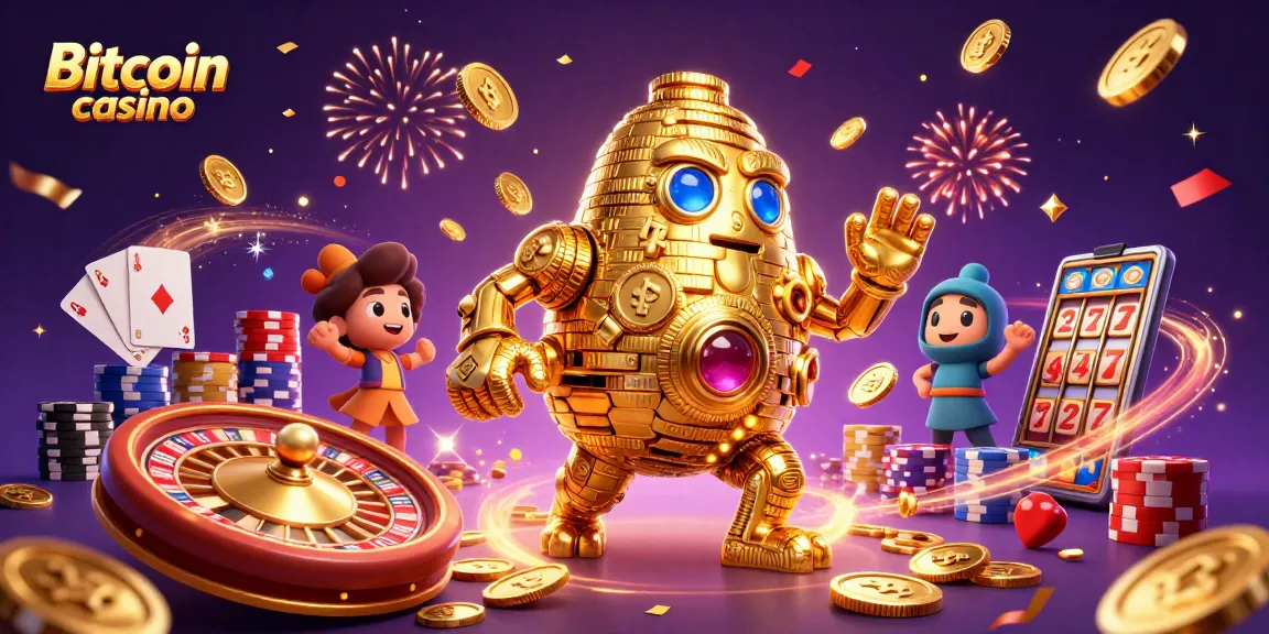 Jouez et gagnez avec le casino Bitcoin, entouré de pièces d'or et de machines à sous.