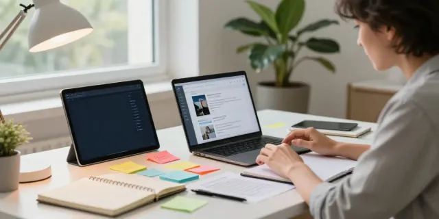 Generating blog content ideas with AI in a vibrant workspace environment.