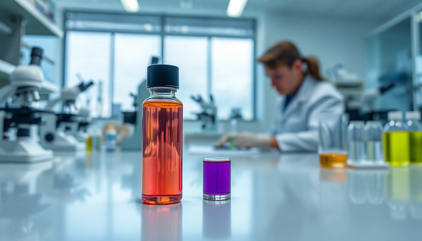 Scientist analyzing klow peptide in a modern laboratory setting with colorful vial.