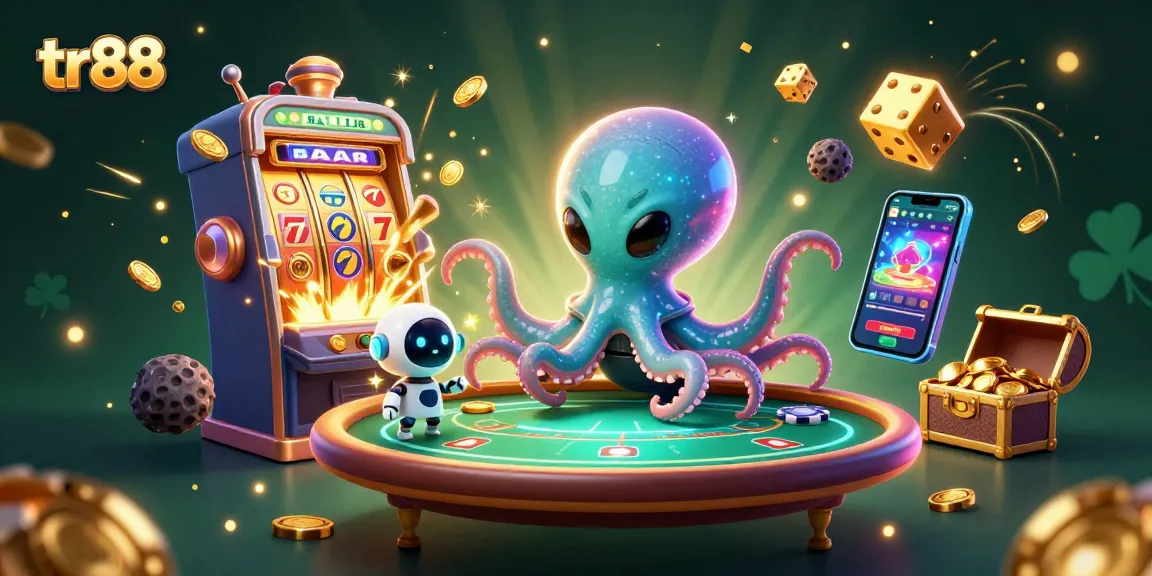 Experience thrilling gaming adventures with tr88 at a vibrant, imaginative online casino scene featuring an alien octopus and robot surrounded by games.