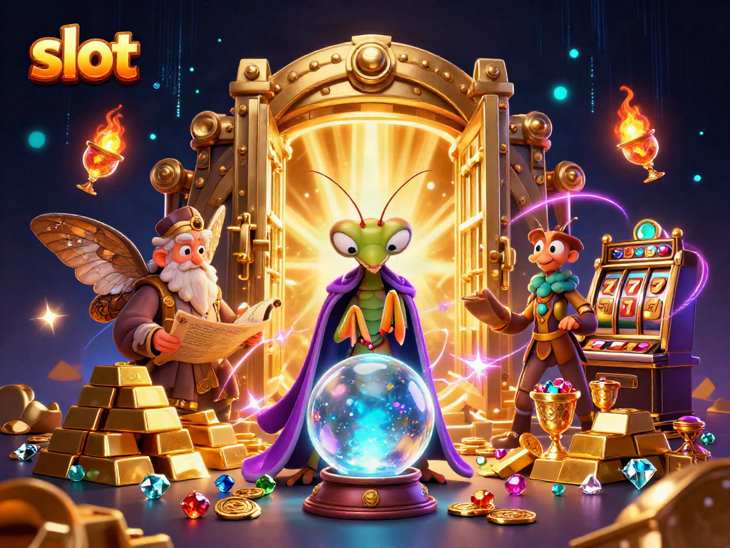Slot mesin yang dikelilingi oleh karakter mistis dan harta karun berkilau dalam ilustrasi 3D