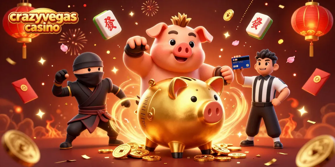 Experience the thrills of crazyvegas casino with this dynamic scene featuring a golden piggy bank sumo wrestler!
