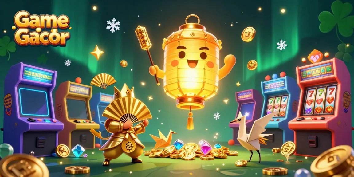 Mengguncang Game Slot Gacor dengan nuansa kasino malam yang berwarna-warni dan elemen keberuntungan.