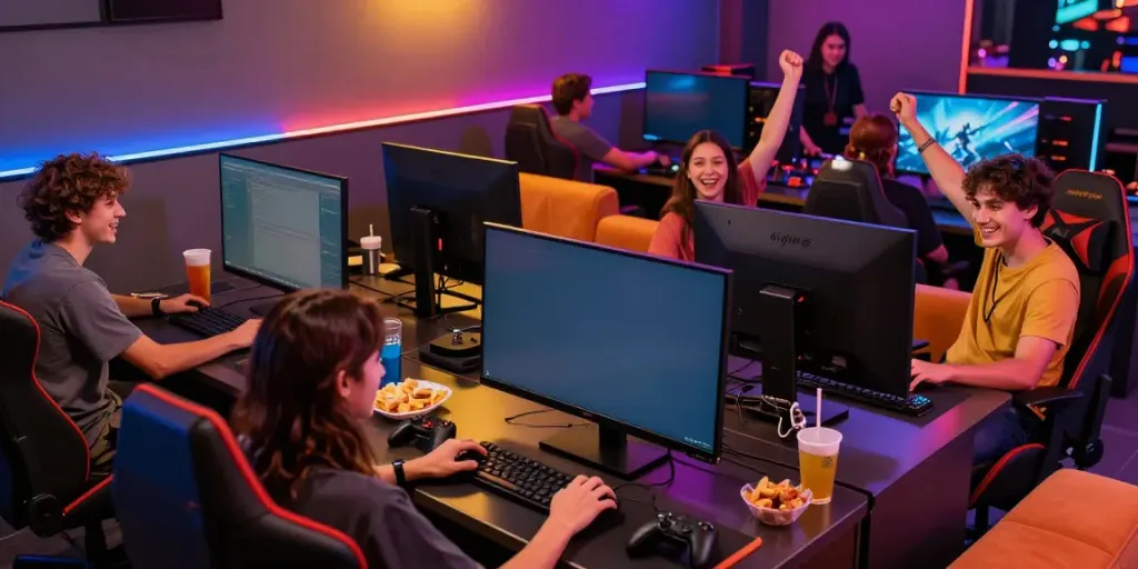 Friends immersed in ทดลองสล็อต gameplay in a vibrant gaming lounge.