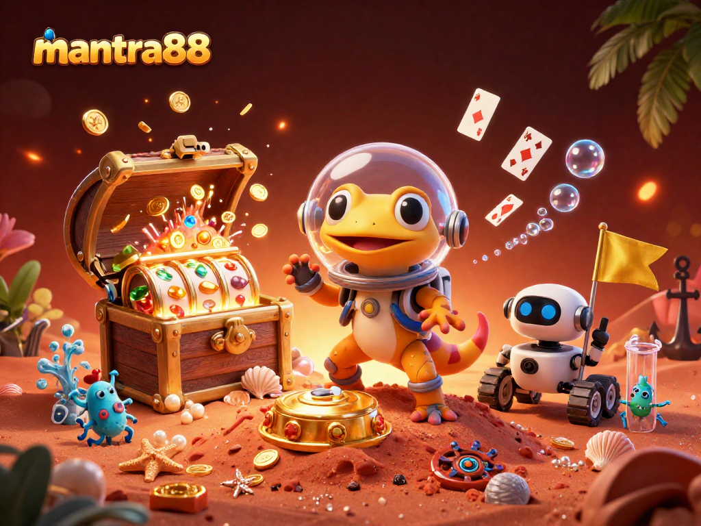 Experience the excitement of mantra88 with a Martian gecko exploring a golden casino on Mars.