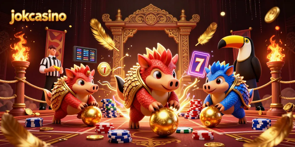 Engage with jokacasino's exciting slot scene featuring animated pangolins and vibrant casino elements.