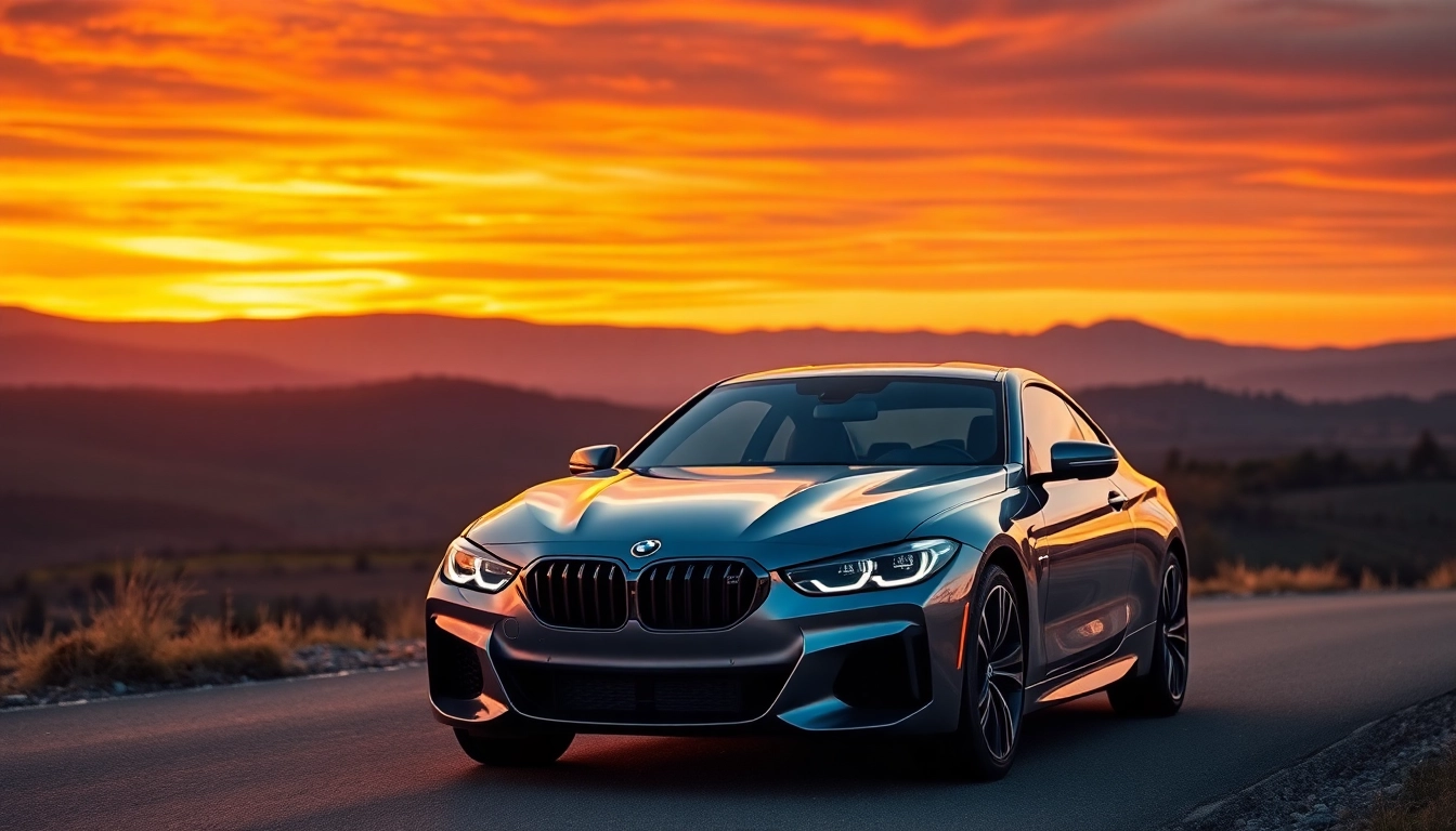 Luxury BMW car showcasing elegance against a picturesque sunset background.