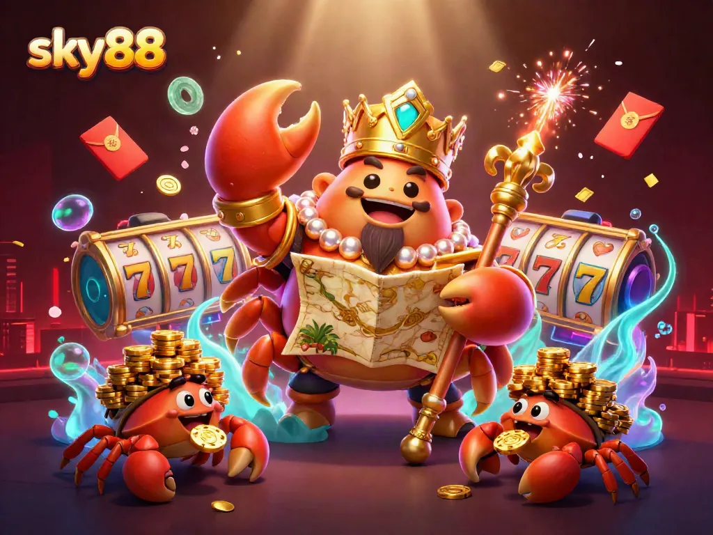 Engage in thrilling games at sky88 with a golden emperor crab and vibrant casino elements.